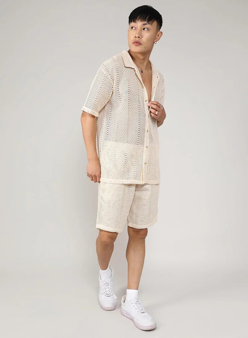 CAHOOT  Men's Ivory White Crochet Co-Ord Set For Casual Wear | Spread Collar | Short Sleeve | Button Closure | Co-Ords Crafted With Comfort Fit For Everyday Wear for Men | Best Price UAE